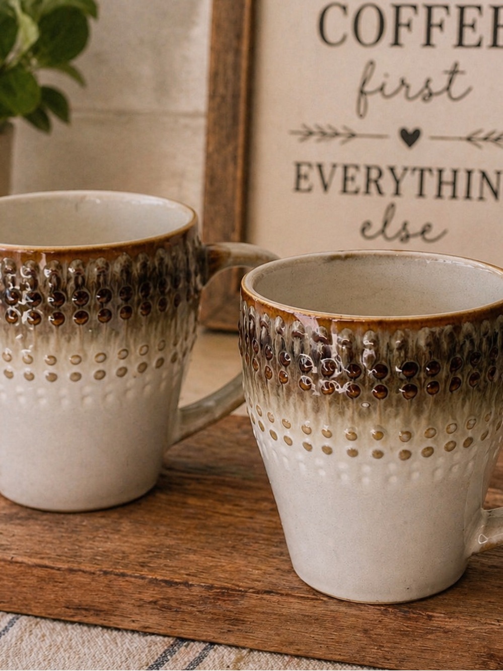 Pfaltzgraff Brown and Cream Dotted Stoneware Mugs